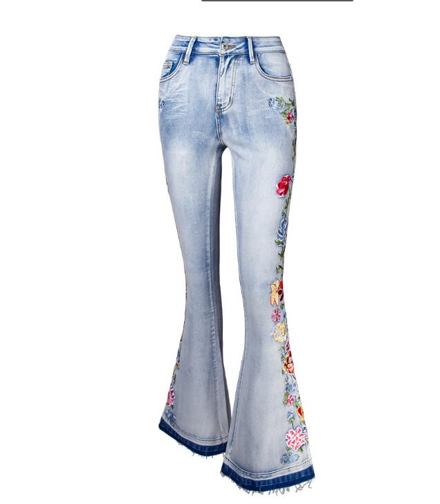 SZ60206 Flower Embroidery Denim Flared Pants in Blue